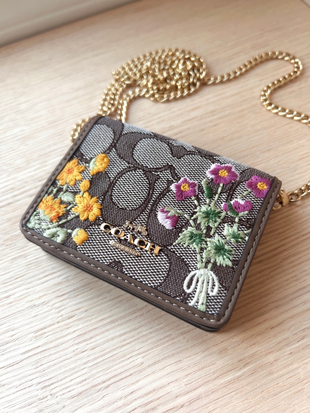 NWTš·Coach Mini Wallet On Chain Signature Jacquard With Floral Embroidery CEF60 - Picture 2 of 6